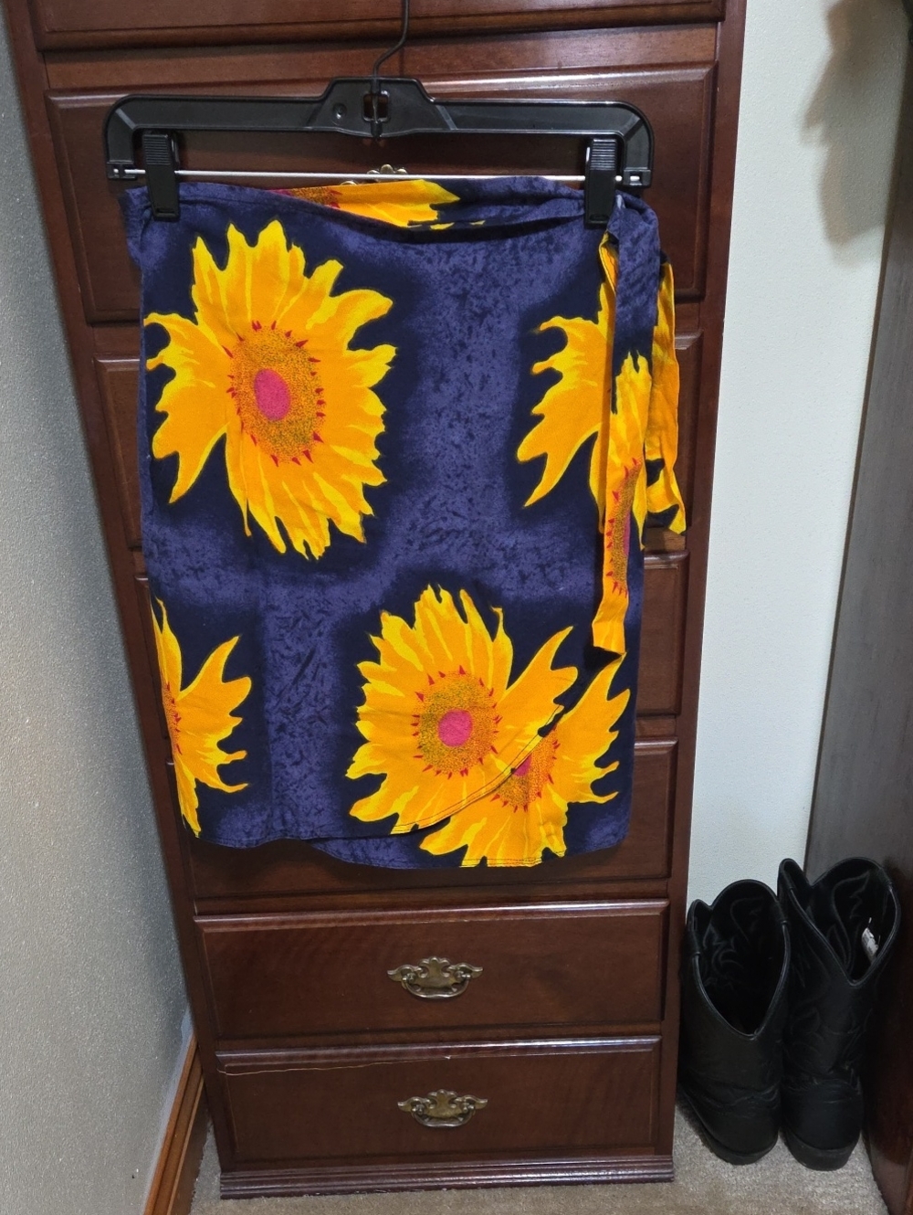 Navy Wrap Skirt with Bold Yellow Sunflowers